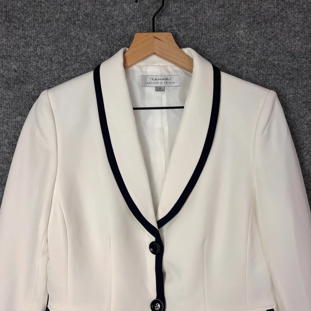 NEW Tahari Blazer Womens 6 White Contrast Trim Shawl Collar Career Jacket - Picture 3 of 12